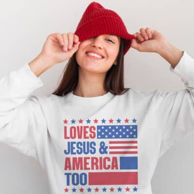 Alternative view of Loves Jesus And America Too 4th of July Christian Lover T-Shirt - Sweatshirt