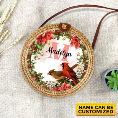 Personalized Monogram Name Summer Red Cardinal Hawaiian Tropical Rattan Bag For Women, Boho Summer Bag
