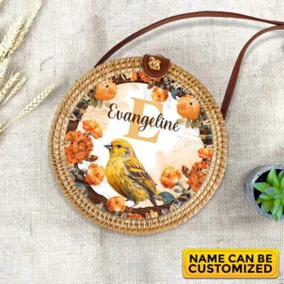 Personalized Monogram Name Summer Canary Bird Hawaiian Tropical Rattan Bag For Women, Boho Summer Bag