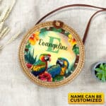 Personalized Monogram Name Summer Parrot Hawaiian Tropical Rattan Bag For Women, Boho Summer Bag