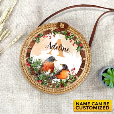 Personalized Monogram Name Summer American Robin Tropical Rattan Bag For Women, Boho Summer Bag