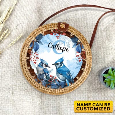 Personalized Monogram Name Summer Blue Jay Tropical Rattan Bag For Women, Boho Summer Bag