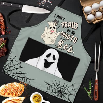 I Ain't Afraid Of No Ghosts Gnome Boo Ghost Cooking Apron With 3 Pockets - Funny Halloween Apron
