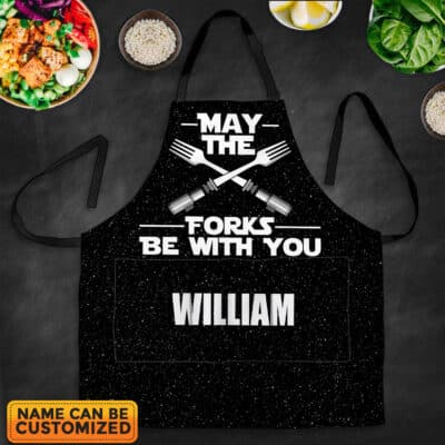 Personalized Name May The Forks Be With You Apron with Three Pocket - Novelty Funny Cooking Apron for Movie Fans - Funny Apron