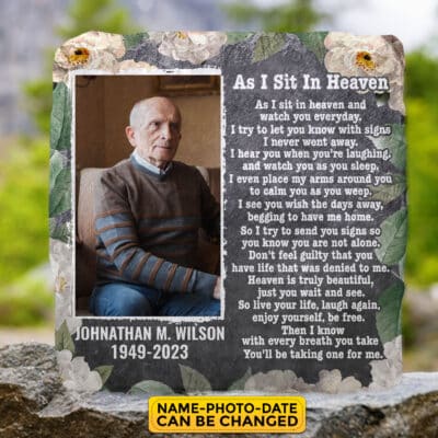 Personalized Memorial As I Sit In Heaven Memorial Garden Stone Plaque - Memorial Gifts for Loss of Loved One