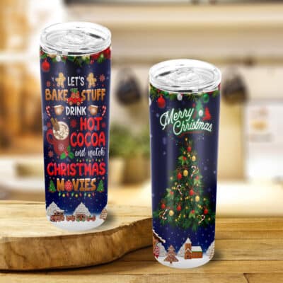 Let's Bake Stuff Drink Hot Cocoa And Watch Christmas Movie Skinny Vacuum Insulated Tumbler Cup Water Bottle