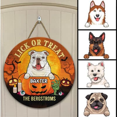 Alternative view of Personalized Dog Breeds Lick Or Treat Funny Halloween Decorative Circle Wooden Door Sign - Front Porch Sign
