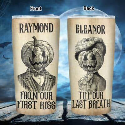 Personalized Skull Pumpkin Couple From Out First Kiss Insulated Tumbler Cup With Lid