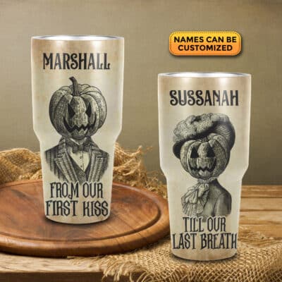 Alternative view of Personalized Skull Pumpkin Couple From Out First Kiss Insulated Tumbler Cup With Lid