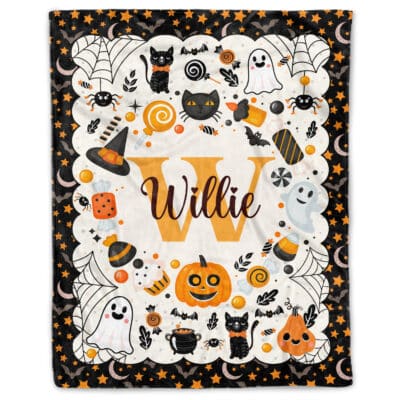 Personalized Halloween Pumpkin Monogram Name Blanket - Custom Name Halloween Baby Blanket