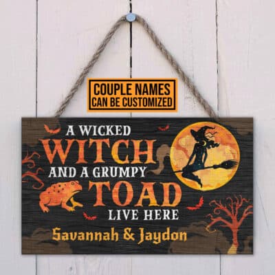 Personalized A Wicked Witch And A Grumpy Toad Live Here Rectangle Wooden Door Sign - Front Porch Sign
