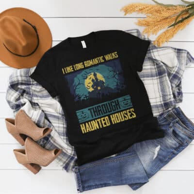 Alternative view of I Like Long Romantic Walks Through Haunted Houses T-Shirt - Halloween Gift Shirt