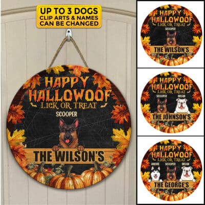 Alternative view of Personalized Happy Hallowoof Lick Or Treat Circle Wooden Door Sign - Custom Dog Breeds Halloween Door Sign
