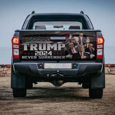 Trump 2024 Never Surrender Truck Tailgate Decal Sticker Wrap - Vinyl Graphic Decal Bumper Sticker