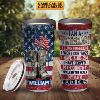 Personalized I Am A Veteran I Love Freedom I Wore Dog Tags Insulated Tumbler Cup With Lid - Gifts For Veteran