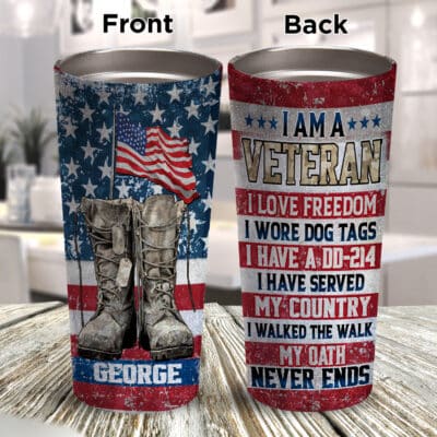 Alternative view of Personalized I Am A Veteran I Love Freedom I Wore Dog Tags Insulated Tumbler Cup With Lid - Gifts For Veteran