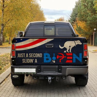 Just A Second Sliding A Biden Funny Dog Pooping Truck Tailgate Decal Sticker Wrap - Vinyl Graphic Decal Bumper Sticker