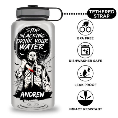 Alternative view of Personalized Stop Slacking Drink Your Water Funny Michael Myers Halloween Motivational Fitness Sports Water Tracker Bottle