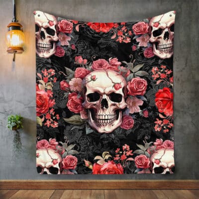 Fleece Bed Blanket Throw Blanket Skull Flower Rose Blanket for Women Girl Skull Plush Blanket for Bed Couch Sofa Chair Office