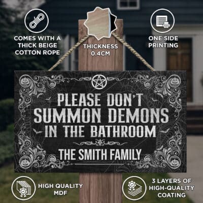 Alternative view of Custom Please Don't Summon Demons In The Bathroom Funny Halloween Rectangle Wooden Door Sign - Front Porch Sign