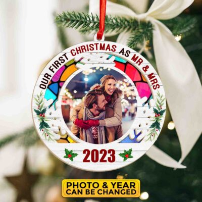 Personalized Photo Our First Christmas as Mr and Mrs 2023 Suncatcher Ornament - First Christmas Married Gifts for Her Him