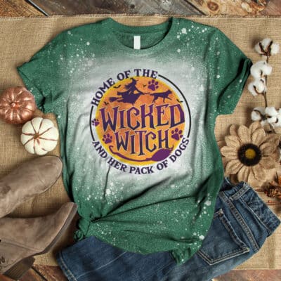 Alternative view of Home Of The Wicked Witch And Her Pack Of Dogs Funny Witch Halloween Bleached T-Shirt - Halloween Dog Lover Shirt
