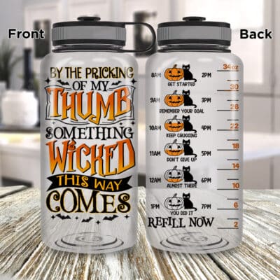 Alternative view of By The Pricking Of My Thumb Something Wicked This Way Comes Halloween Water Tracker Bottle with Time Marker