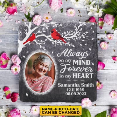 Personalized Always On My Mind Forever In My Heart Cardinal Square Shaped Memorial Stone Plaque