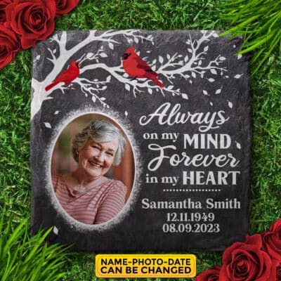 Alternative view of Personalized Always On My Mind Forever In My Heart Cardinal Square Shaped Memorial Stone Plaque