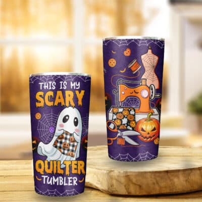 This Is My Scary Quilter Tumbler Funny Boo Ghost Sewing Halloween Insulated Tumbler Cup With Lid and Straw