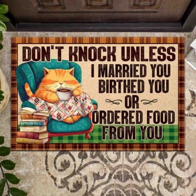 Don't Knock Unless Inside Outside Doormat - Funny Cat Knitting Quote Entrance Mat
