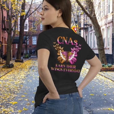 Alternative view of CNAs Earn Their Wings Everyday Butterfly Print On Back T-Shirt Only - Plain Front Shirt - CNA Gifts For Women