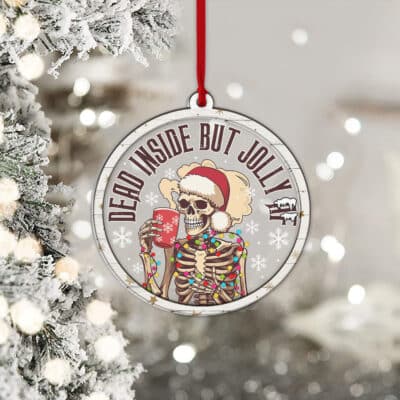 Alternative view of Dead Inside But Jolly AF Funny Skeleton Transparent Acrylic Wood Christmas Ornament Keepsake