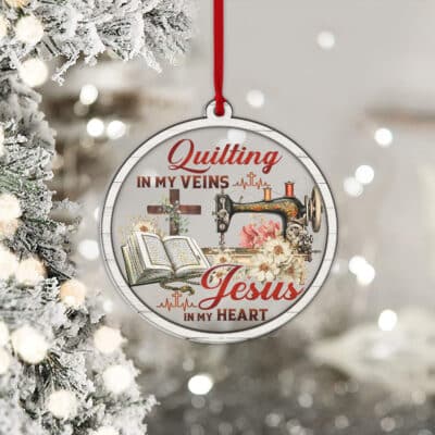 Alternative view of Quilting In My Veins Jesus In My Heart Transparent Acrylic Wood Christmas Ornament Keepsake