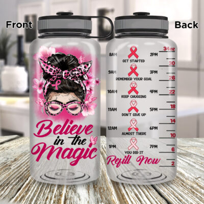Believe In The Magic Breast Cancer Awareness Motivational Fitness Sports Water Tracker Bottle with Time Marker