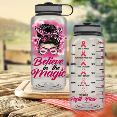 Alternative view of Believe In The Magic Breast Cancer Awareness Motivational Fitness Sports Water Tracker Bottle with Time Marker