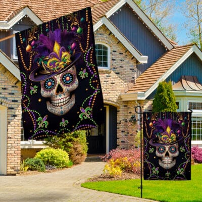 Alternative view of Mardi Gras Skull Top Hat Funny Sugar Flag - Yard Flag - House Flag Wall Flag