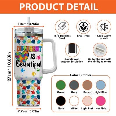 Alternative view of Personalized Tumbler Autism Different Is Beautiful 40Oz Tumbler with Handle – Autism Awareness Tumbler Mug for Autistic People