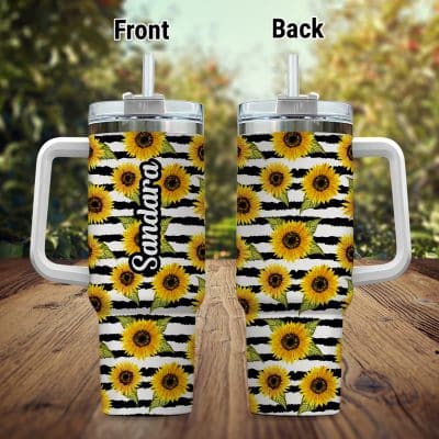 Personalized Name Sunflower 40 Oz Tumbler With Handle Sunflower Tumbler With Lid Straw - Travel Coffee Mug Sunflower Gifts For Women