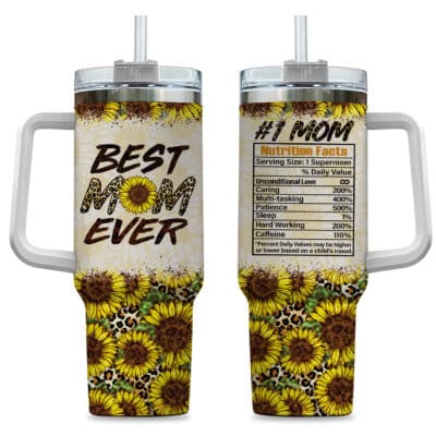Best Mom Ever Sunflower Insulated Tumbler Cup With Handle and Straw - Mother's Day Gifts For Mom