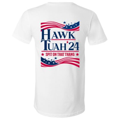Hawk Tuah 24 Print On Back T-Shirt, White, V-Neck T-Shirt