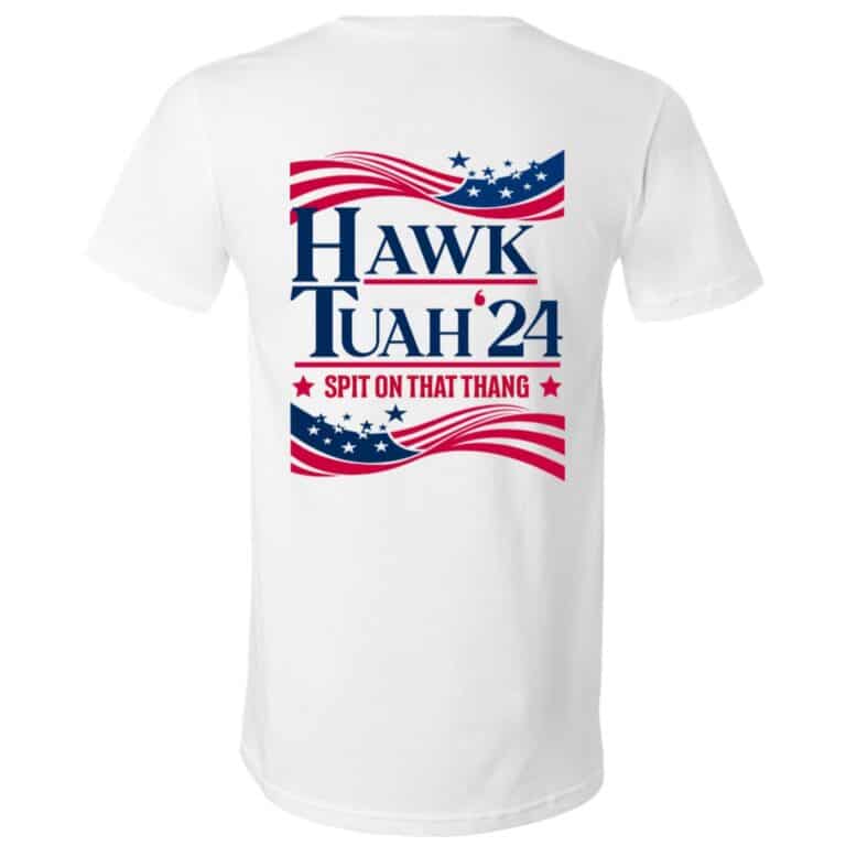 Hawk Tuah 24 Print On Back T-Shirt, White, V-Neck T-Shirt