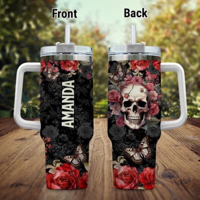 Personalized Halloween Skull Flower 40oz Tumbler with Lid and Straw - Halloween Decoration Horror Gift - Double Wall Vacuun Insulated Cup