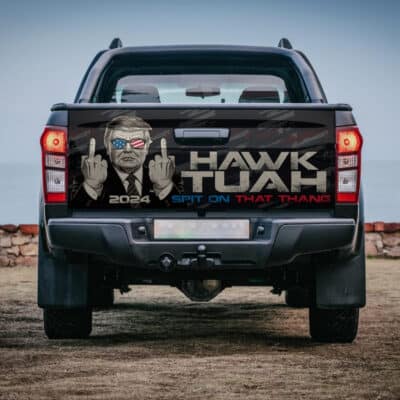 Hawk Tuah 2024 Spit On That Thang Funny Trump Middle Finger Truck Tailgate Decal Sticker Wrap