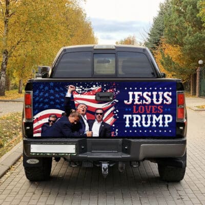 Alternative view of Jesus Loves Trump Truck Tailgate Decal Sticker Wrap - Support Trump 2024 Vinyl Graphic Decal Bumper Sticker