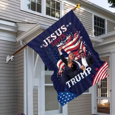 Alternative view of Jesus Loves Trump Outdoor House Flag - Support Trump 2024 Home Garden Flag