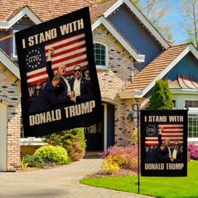 Alternative view of I Stand With Donald Trump 2024 Outdoor House Flag - Support Trump Home Garden Flag