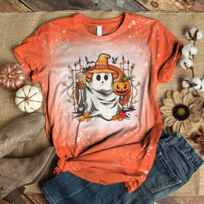 Cute Halloween Ghost Drink Pumpkin Bleached T-Shirt - Halloween Funny Tee