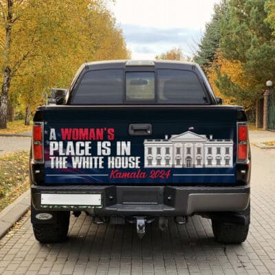 Alternative view of A Woman's Place Is In The White House Kamala Harris 2024 Truck Tailgate Decal Sticker Wrap