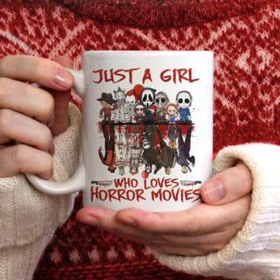 Just A Girl Who Loves Horror Movies Halloween Characters Ceramic Coffee Mug - Water Bottle - Travel Mug